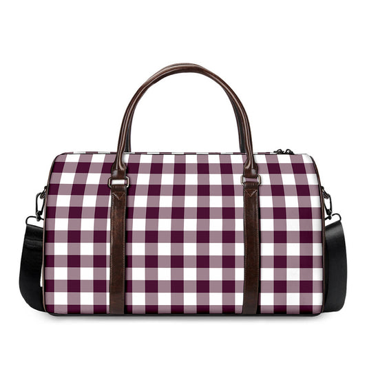 Burgundy And White Check Pattern Print Duffle Bag