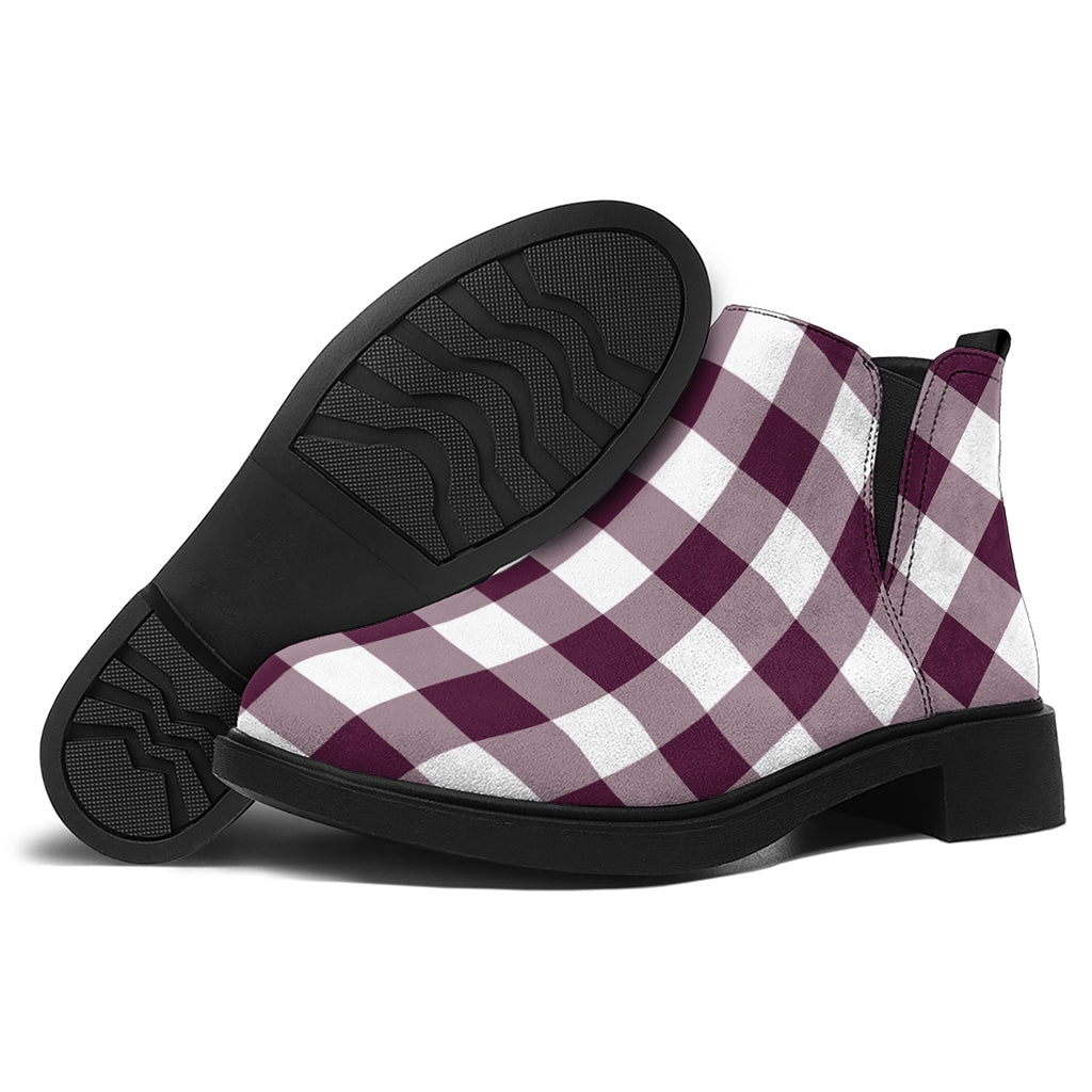 Burgundy And White Check Pattern Print Flat Ankle Boots