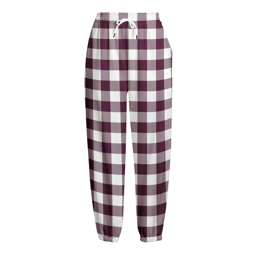 Burgundy And White Check Pattern Print Fleece Lined Knit Pants