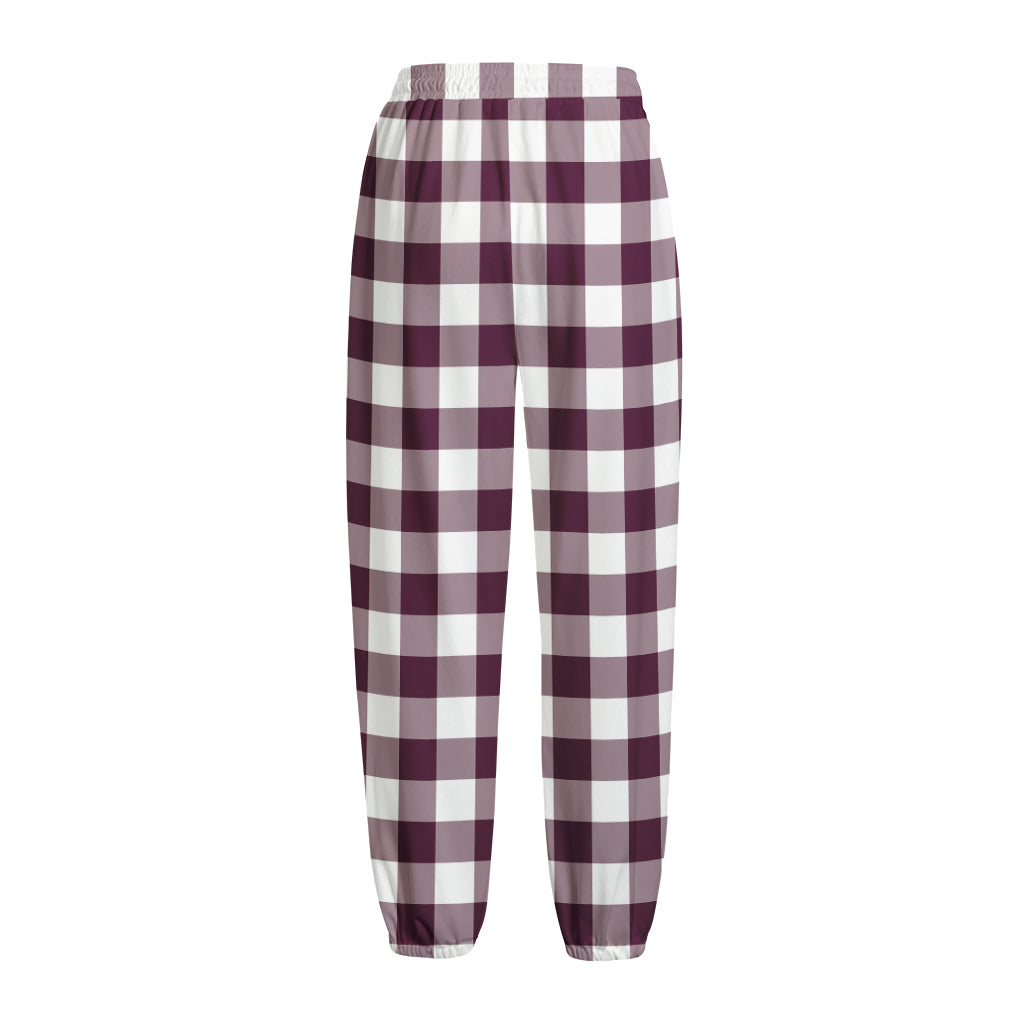 Burgundy And White Check Pattern Print Fleece Lined Knit Pants