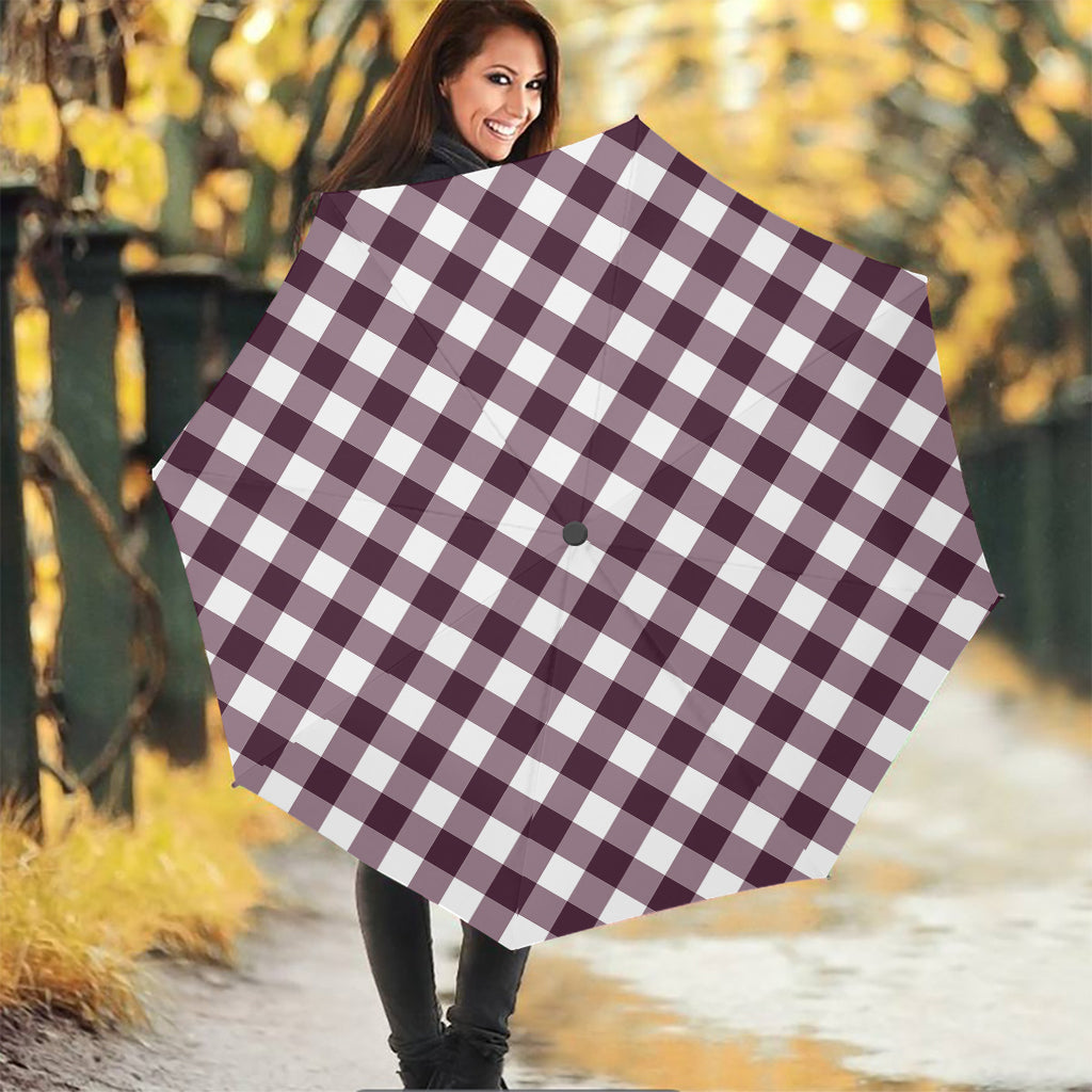 Burgundy And White Check Pattern Print Foldable Umbrella