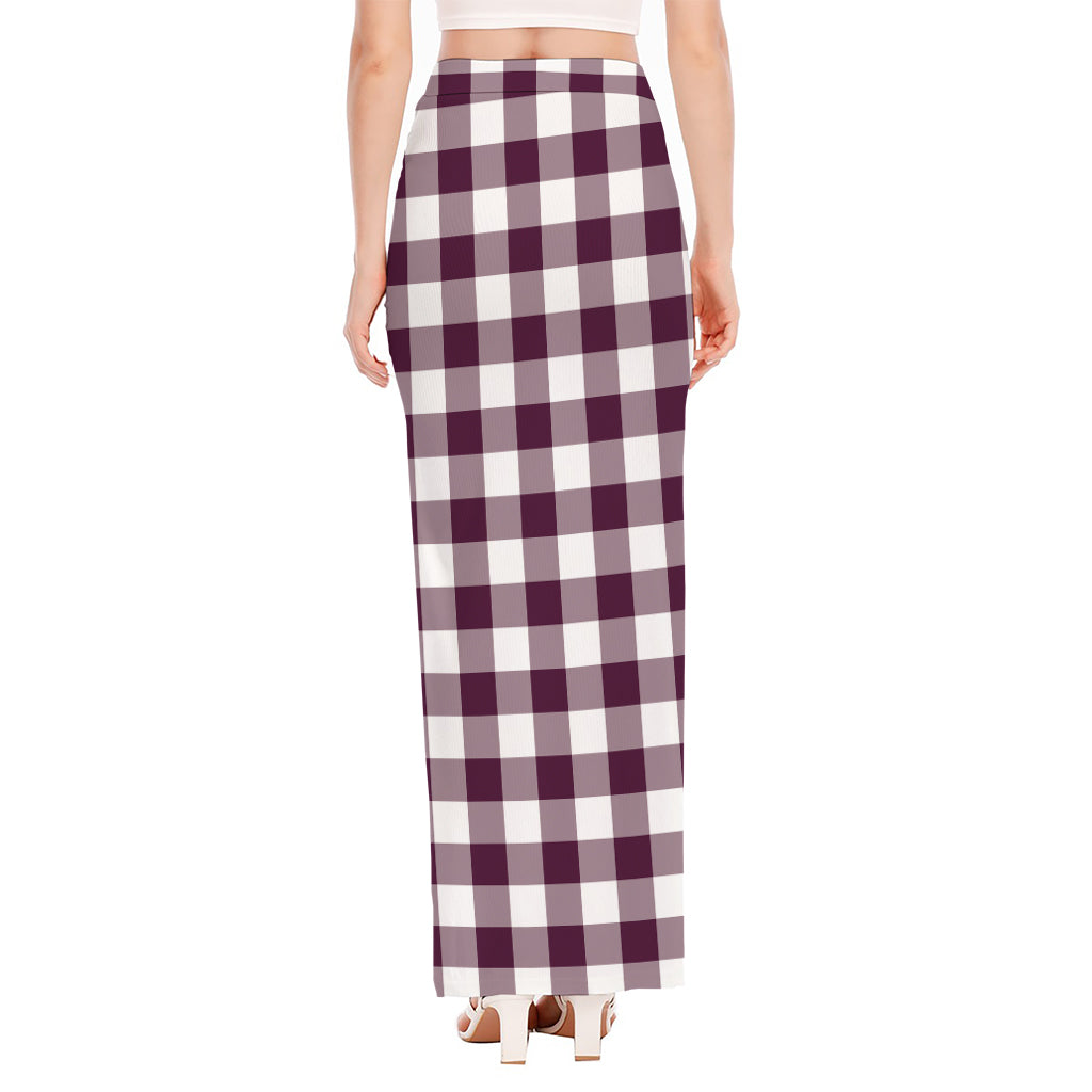 Burgundy And White Check Pattern Print High Slit Maxi Skirt