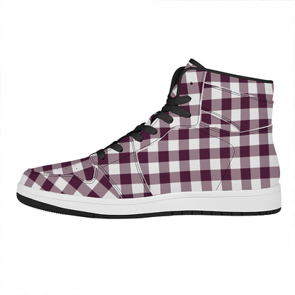 Burgundy And White Check Pattern Print High Top Leather Sneakers