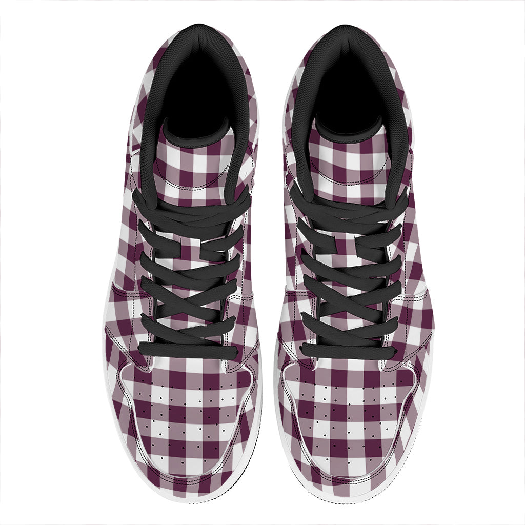 Burgundy And White Check Pattern Print High Top Leather Sneakers
