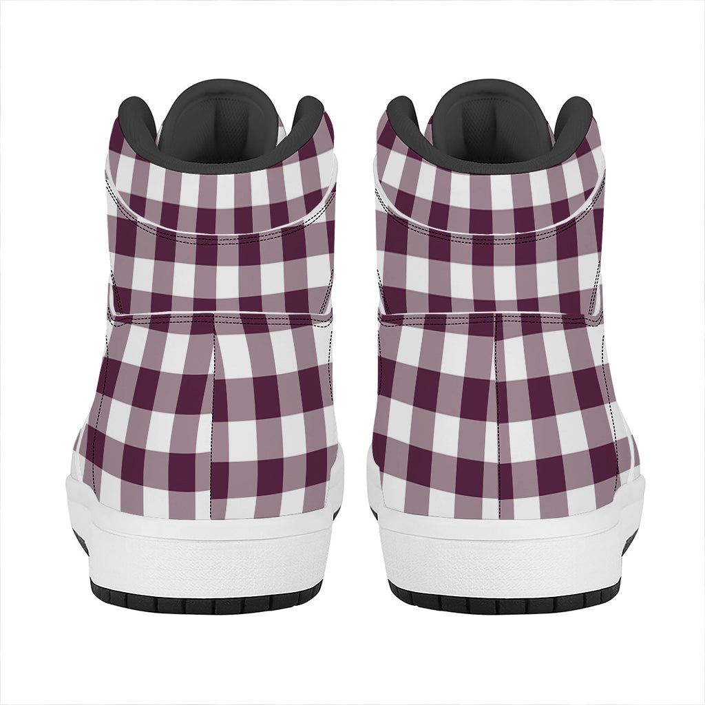 Burgundy And White Check Pattern Print High Top Leather Sneakers