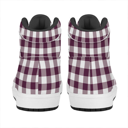 Burgundy And White Check Pattern Print High Top Leather Sneakers