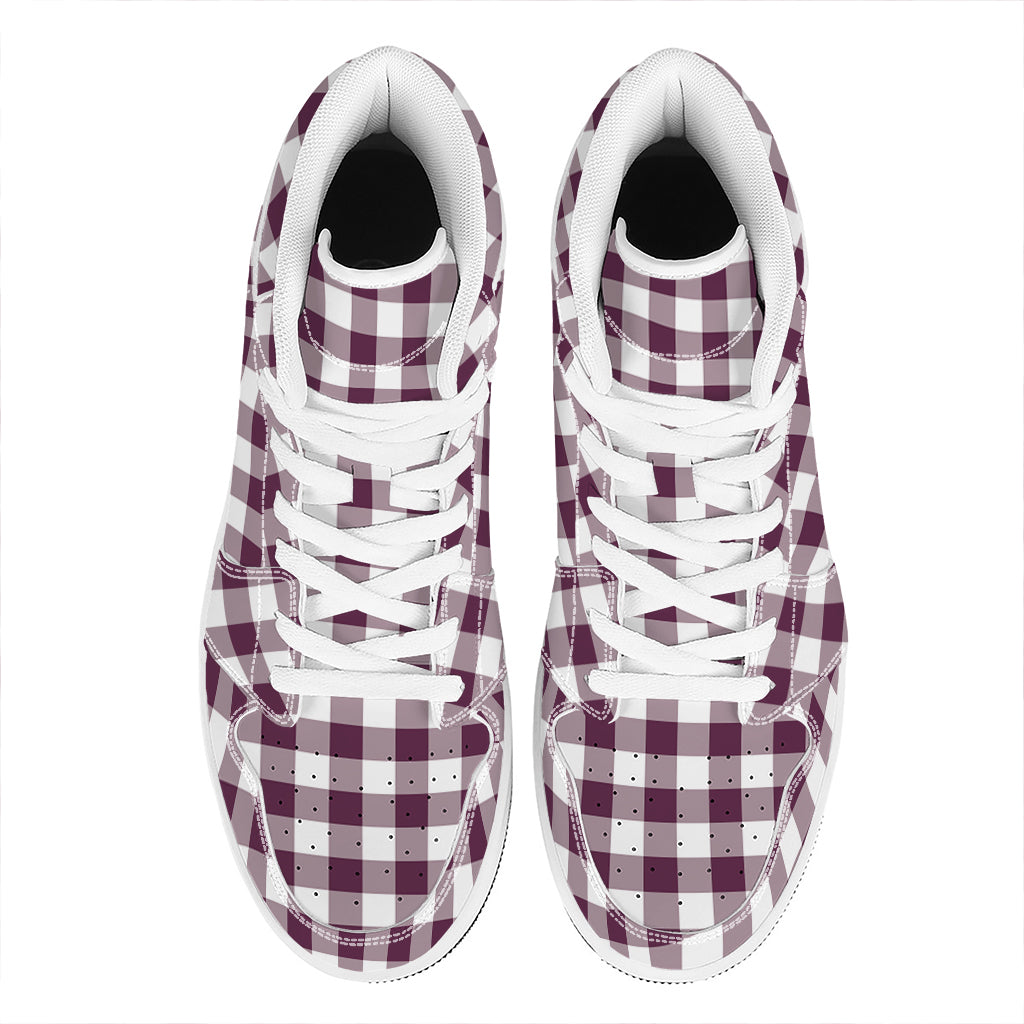 Burgundy And White Check Pattern Print High Top Leather Sneakers