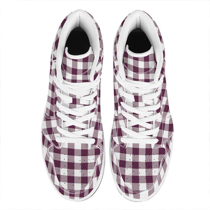 Burgundy And White Check Pattern Print High Top Leather Sneakers