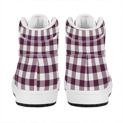Burgundy And White Check Pattern Print High Top Leather Sneakers