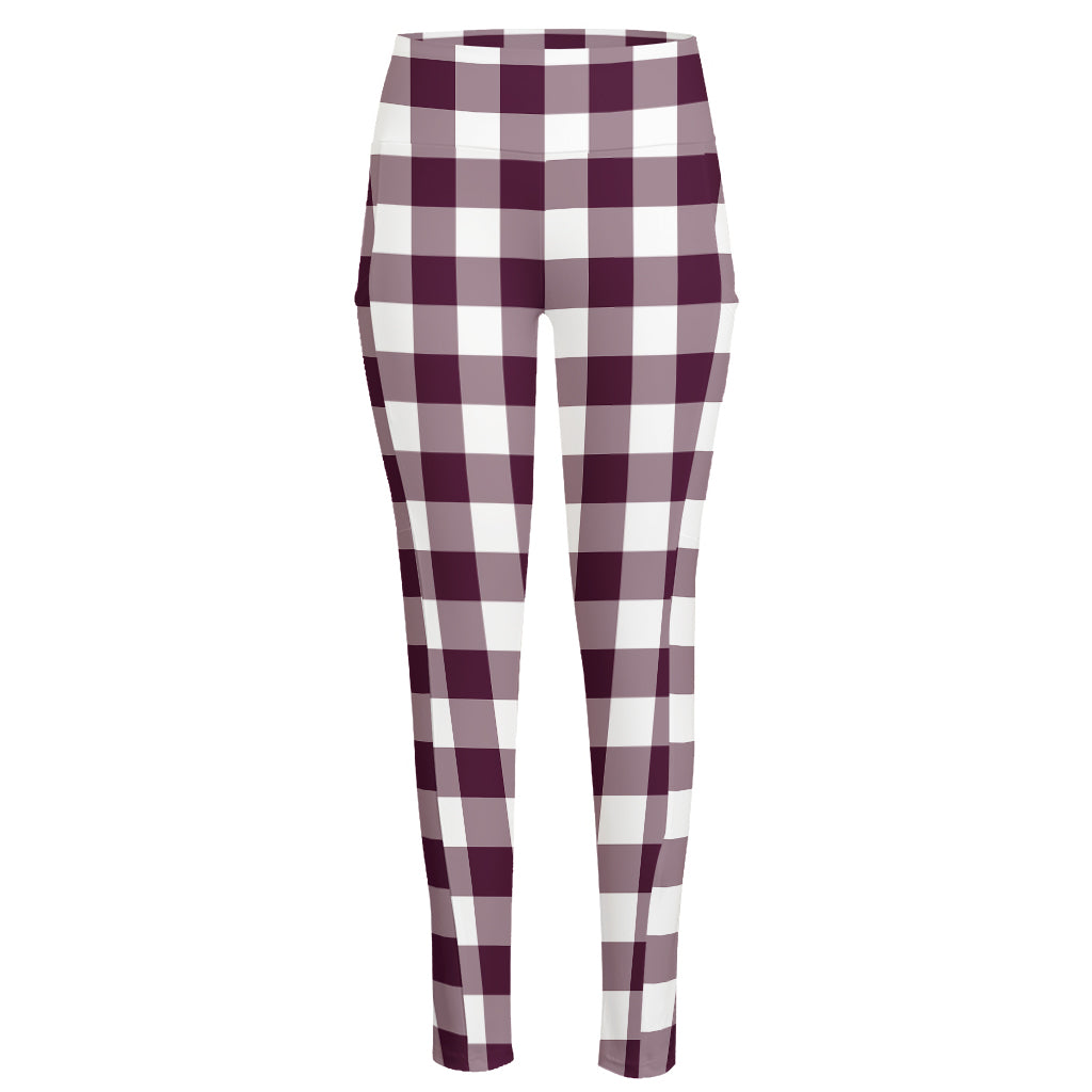 Burgundy And White Check Pattern Print High-Waisted Pocket Leggings