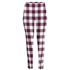 Burgundy And White Check Pattern Print High-Waisted Pocket Leggings