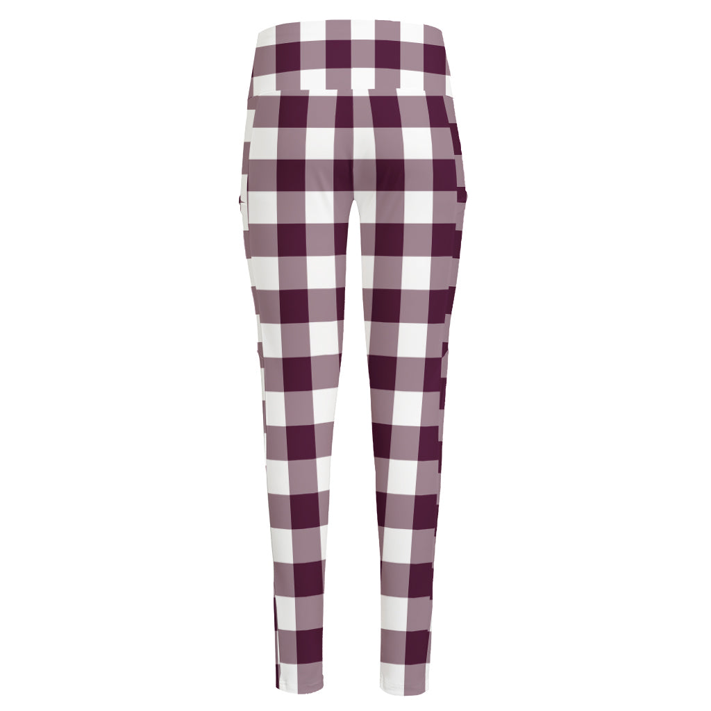 Burgundy And White Check Pattern Print High-Waisted Pocket Leggings