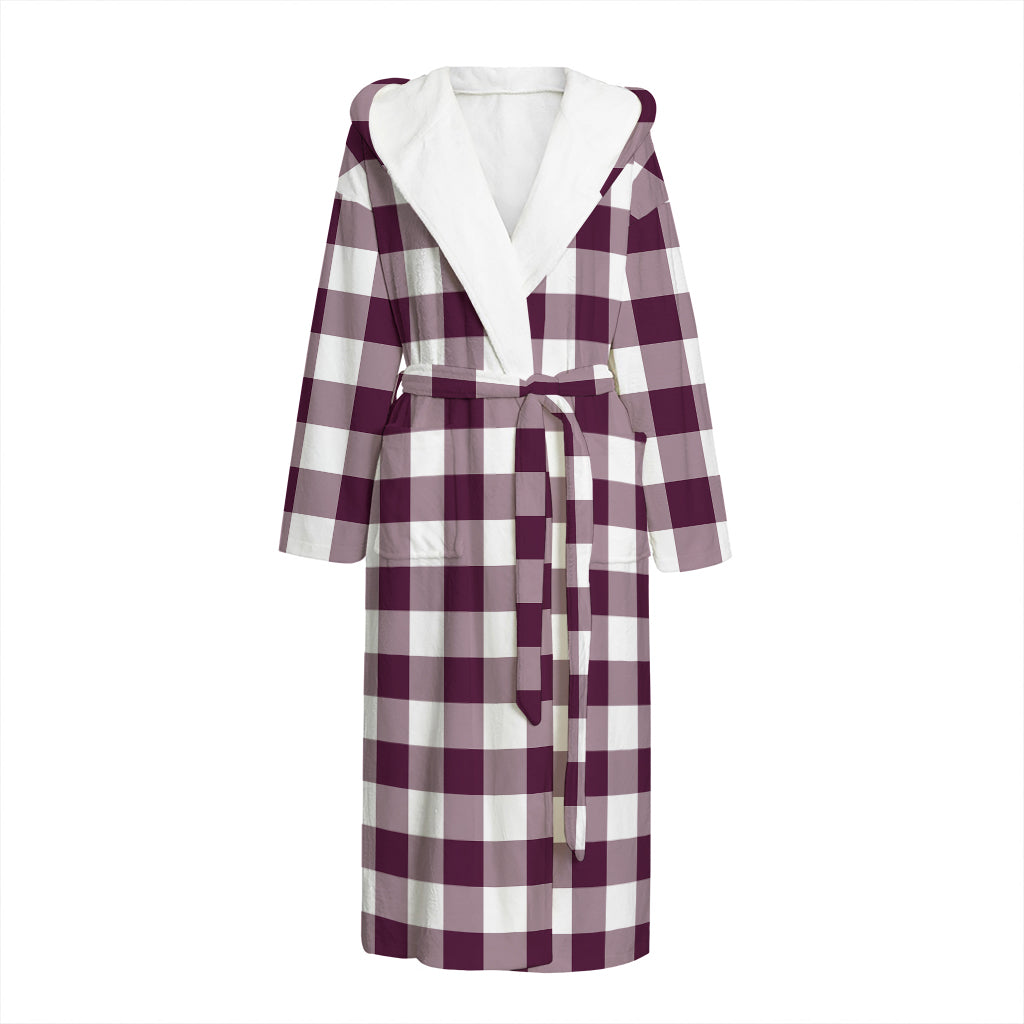 Burgundy And White Check Pattern Print Hooded Bathrobe