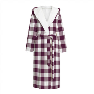 Burgundy And White Check Pattern Print Hooded Bathrobe