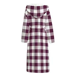 Burgundy And White Check Pattern Print Hooded Bathrobe