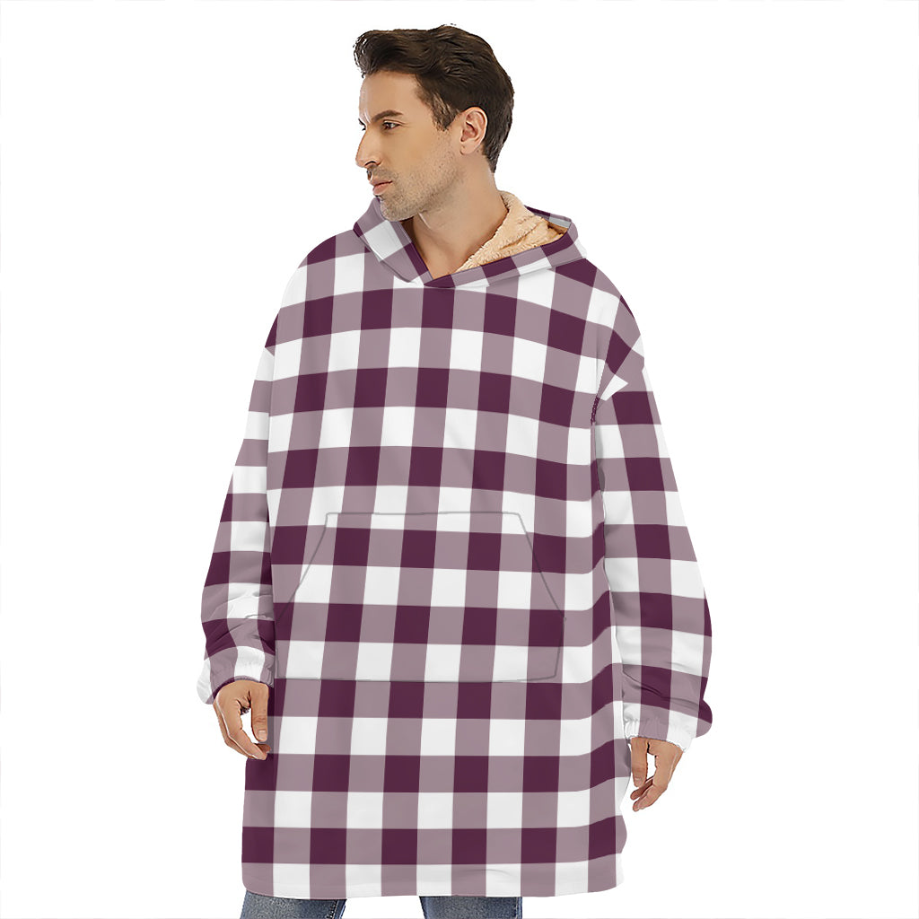 Burgundy And White Check Pattern Print Hoodie Blanket