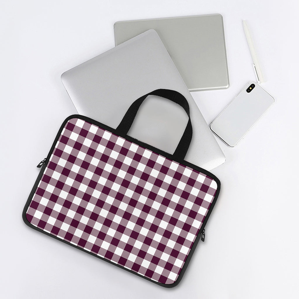Burgundy And White Check Pattern Print Laptop Sleeve With Handle