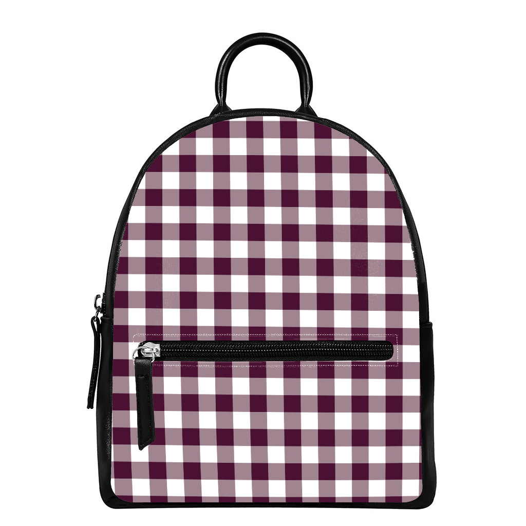 Burgundy And White Check Pattern Print Leather Backpack