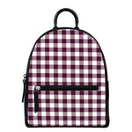 Burgundy And White Check Pattern Print Leather Backpack