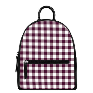 Burgundy And White Check Pattern Print Leather Backpack