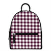 Burgundy And White Check Pattern Print Leather Backpack