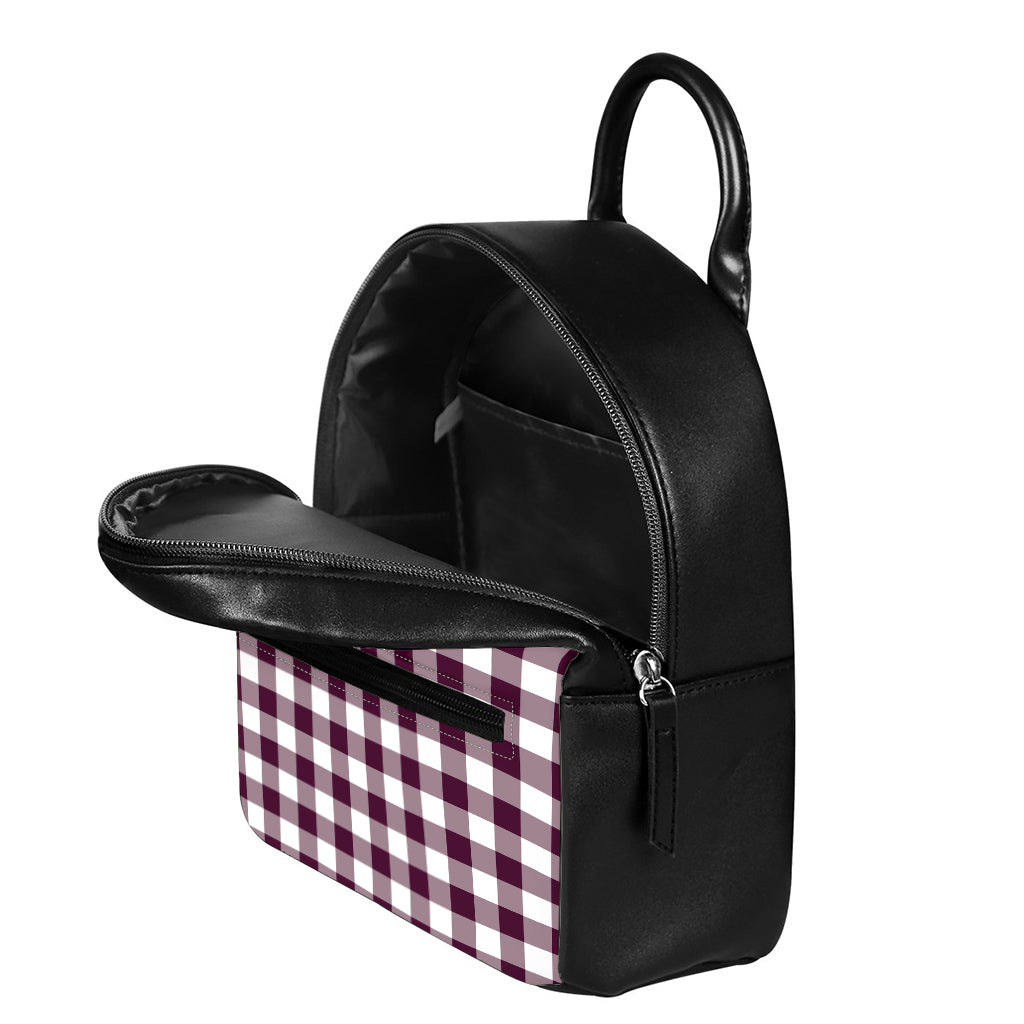 Burgundy And White Check Pattern Print Leather Backpack