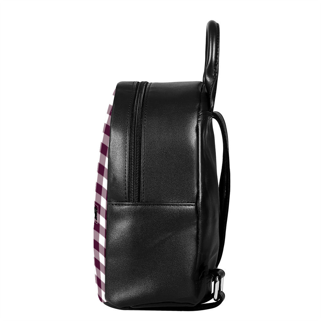 Burgundy And White Check Pattern Print Leather Backpack