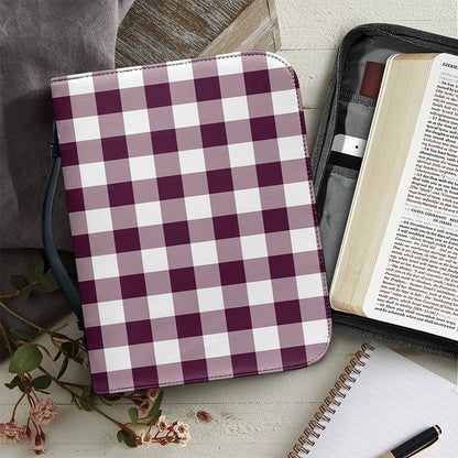 Burgundy And White Check Pattern Print Leather Bible Cover