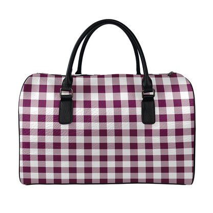Burgundy And White Check Pattern Print Leather Duffle Bag