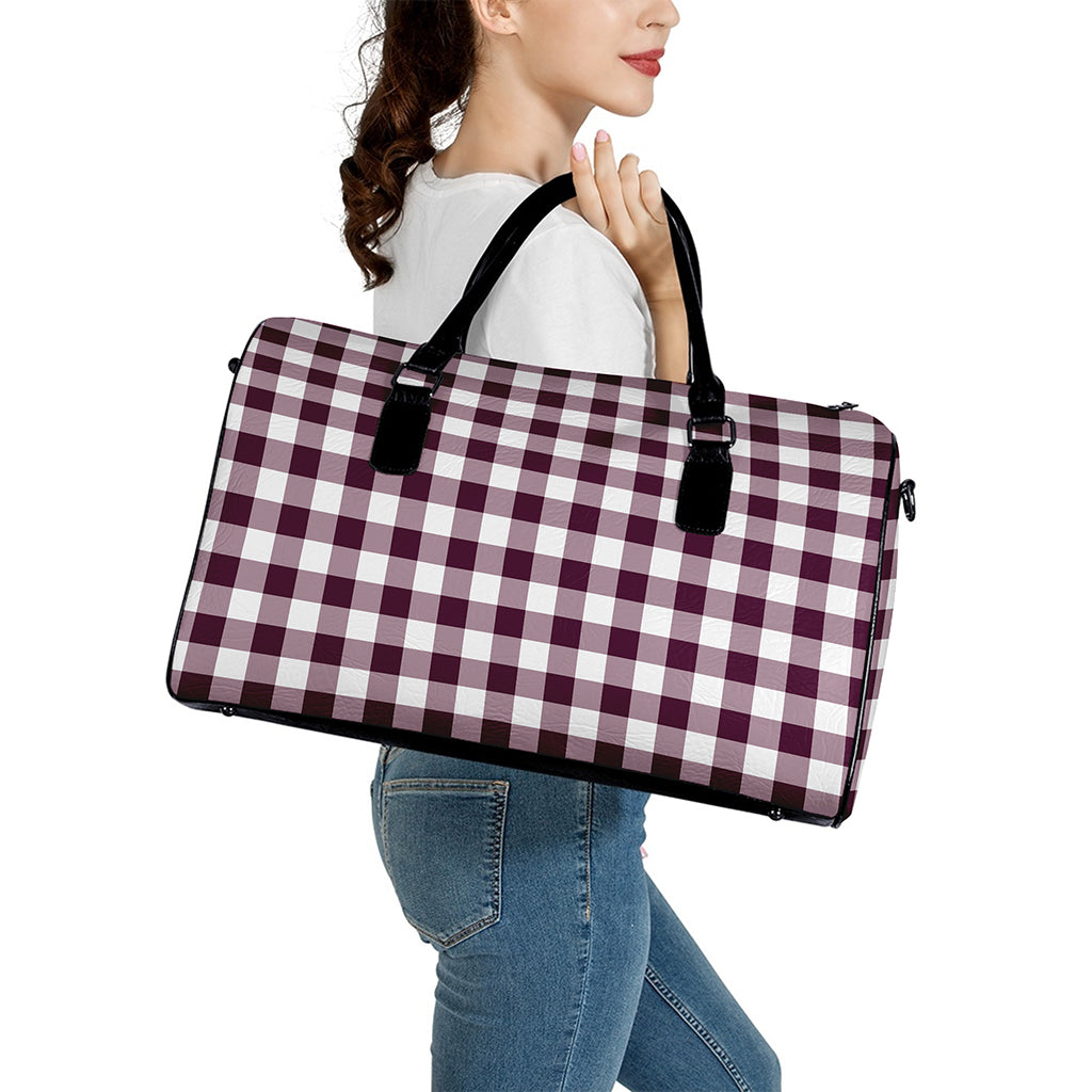 Burgundy And White Check Pattern Print Leather Duffle Bag