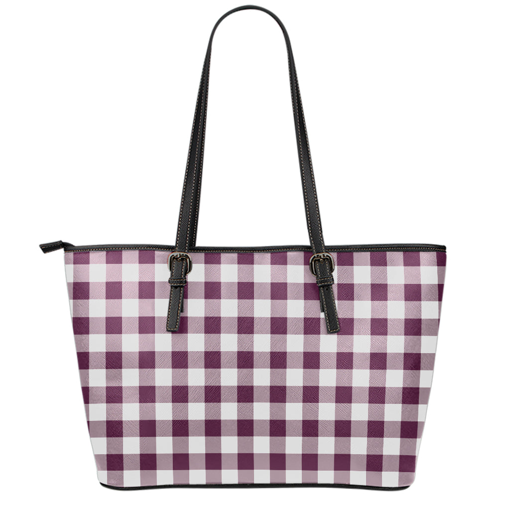 Burgundy And White Check Pattern Print Leather Tote Bag