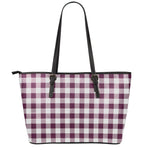 Burgundy And White Check Pattern Print Leather Tote Bag