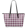 Burgundy And White Check Pattern Print Leather Tote Bag