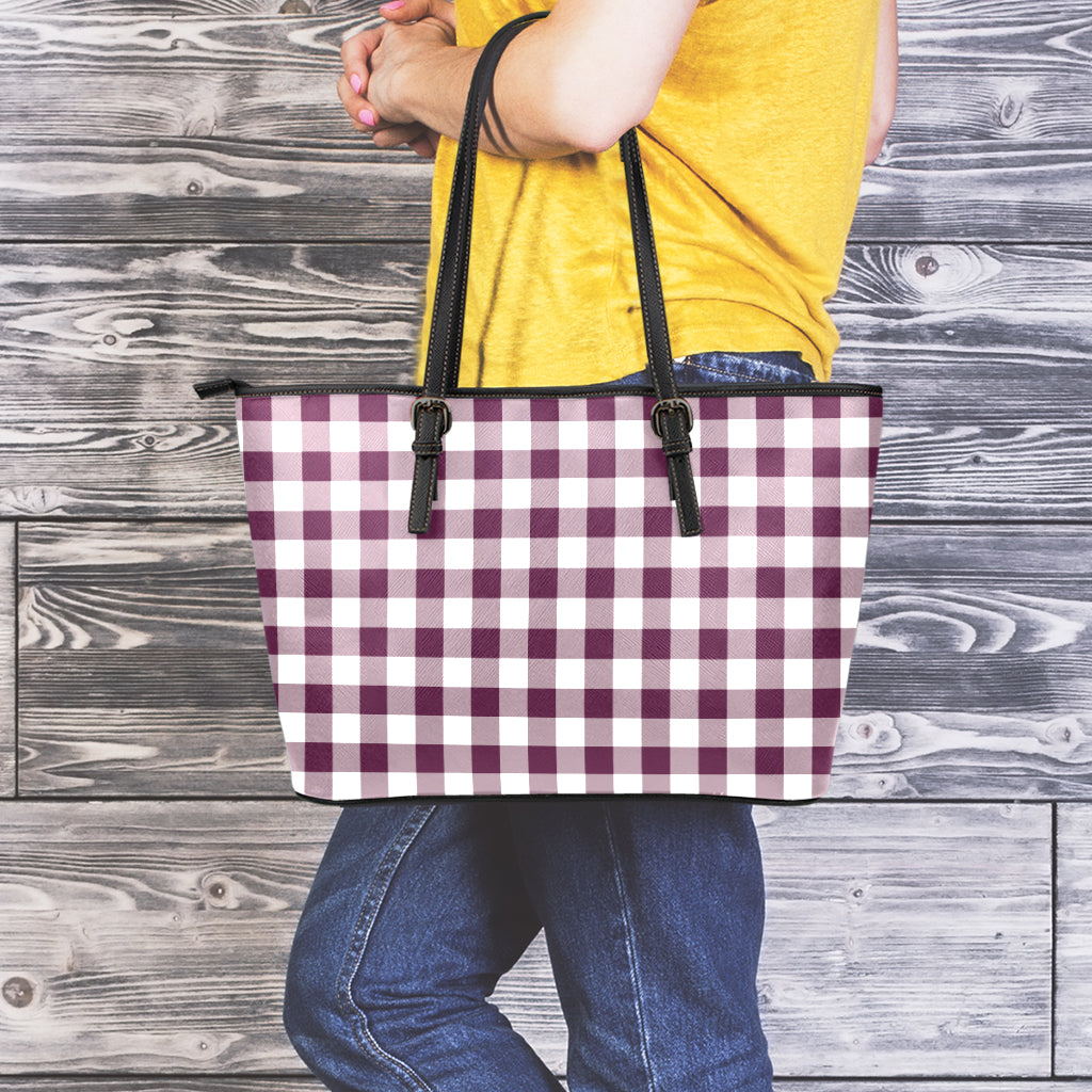 Burgundy And White Check Pattern Print Leather Tote Bag