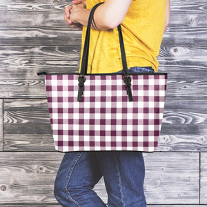 Burgundy And White Check Pattern Print Leather Tote Bag