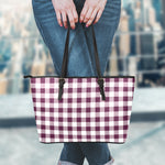 Burgundy And White Check Pattern Print Leather Tote Bag