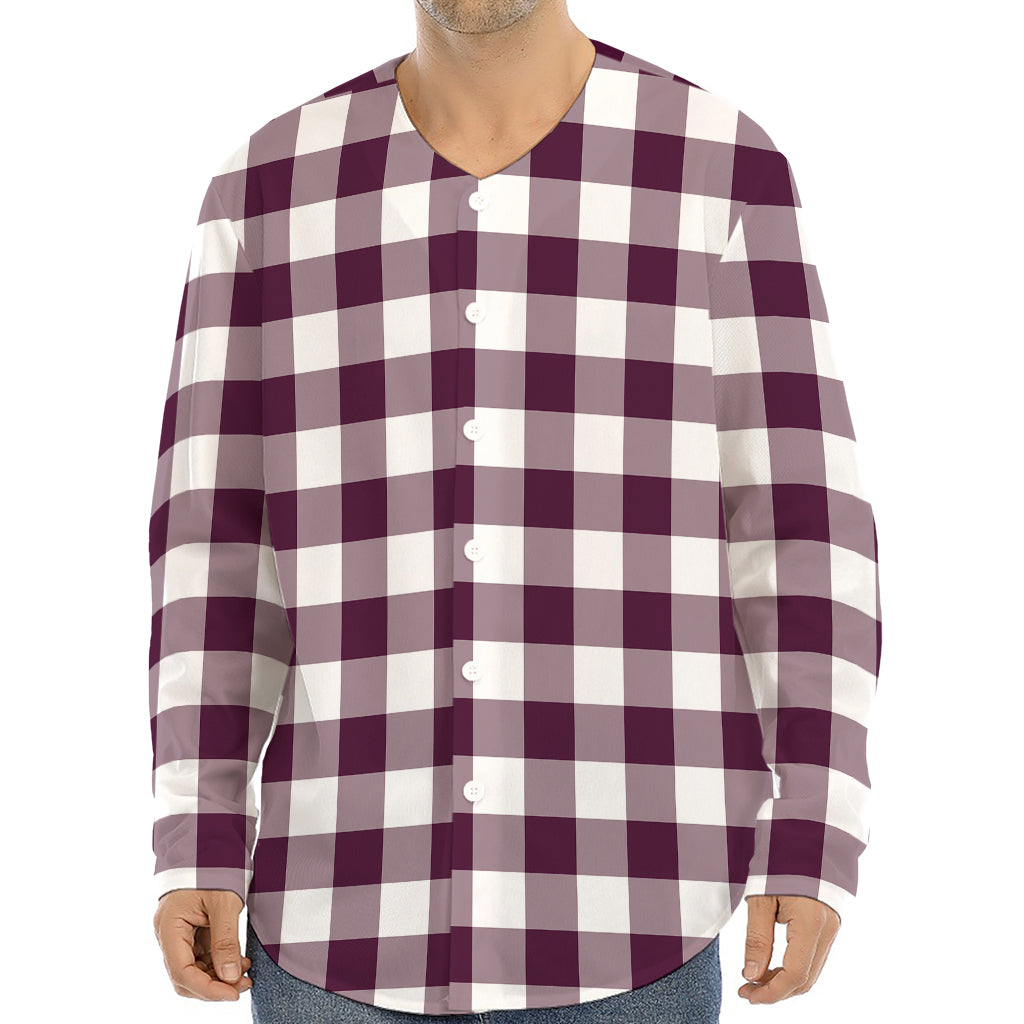 Burgundy And White Check Pattern Print Long Sleeve Baseball Jersey