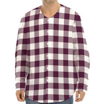 Burgundy And White Check Pattern Print Long Sleeve Baseball Jersey