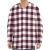 Burgundy And White Check Pattern Print Long Sleeve Baseball Jersey