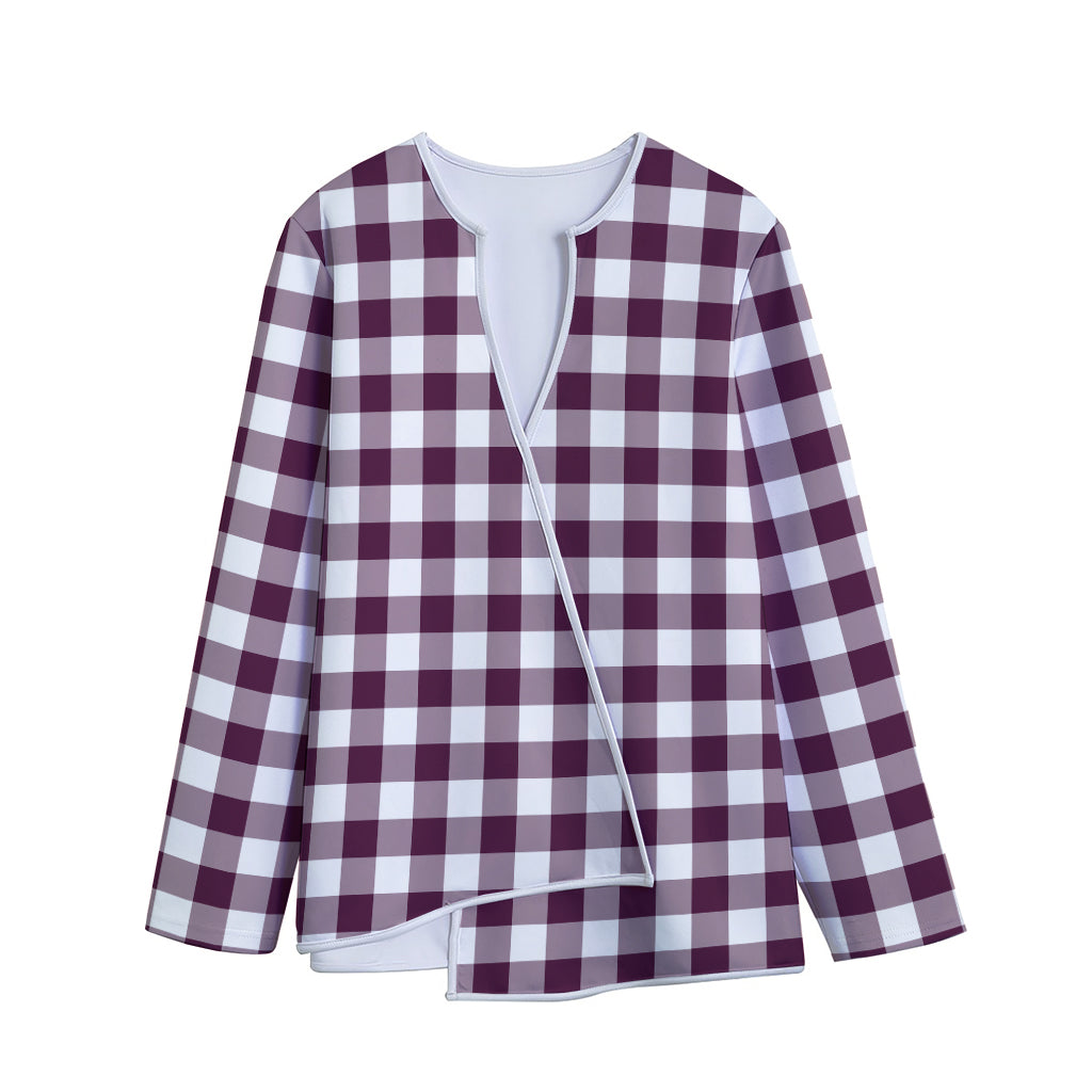 Burgundy And White Check Pattern Print Long Sleeve Short Coat