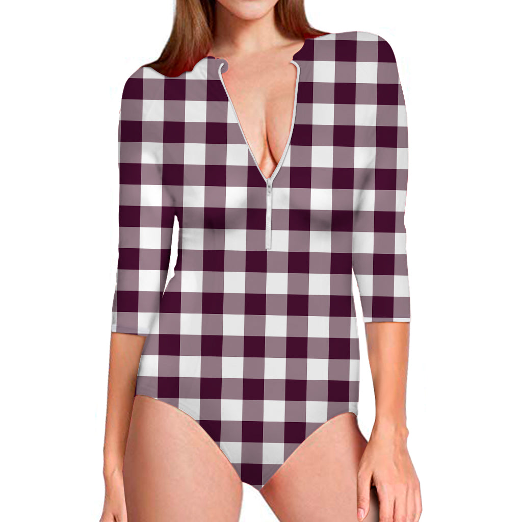 Burgundy And White Check Pattern Print Long Sleeve Swimsuit