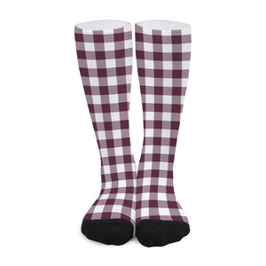 Burgundy And White Check Pattern Print Long Socks