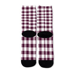 Burgundy And White Check Pattern Print Long Socks