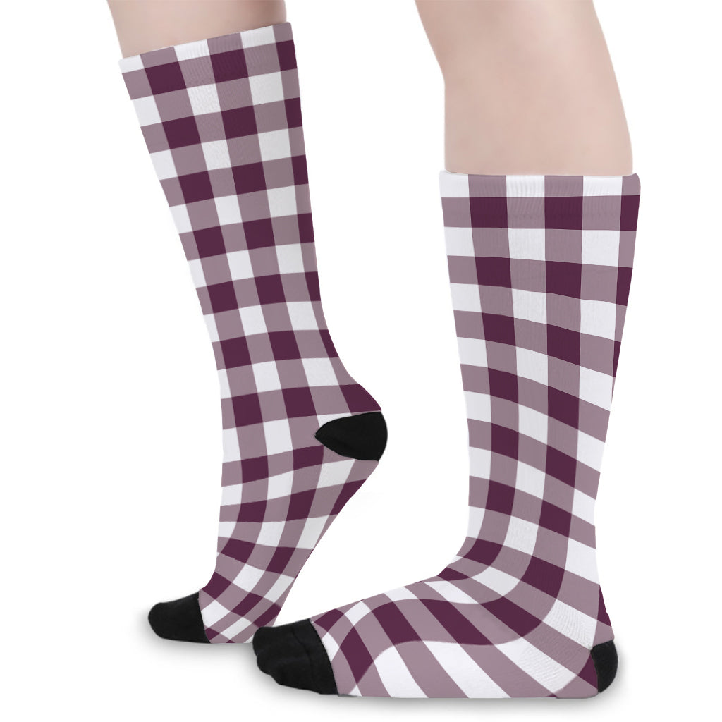 Burgundy And White Check Pattern Print Long Socks