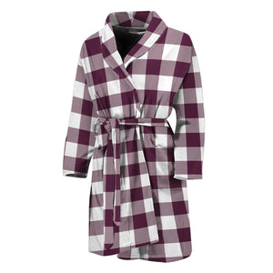 Burgundy And White Check Pattern Print Men's Bathrobe