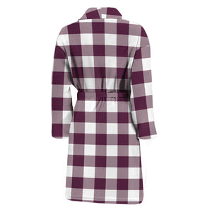 Burgundy And White Check Pattern Print Men's Bathrobe