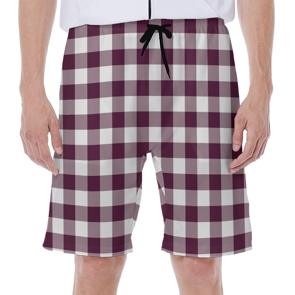 Burgundy And White Check Pattern Print Men's Beach Shorts