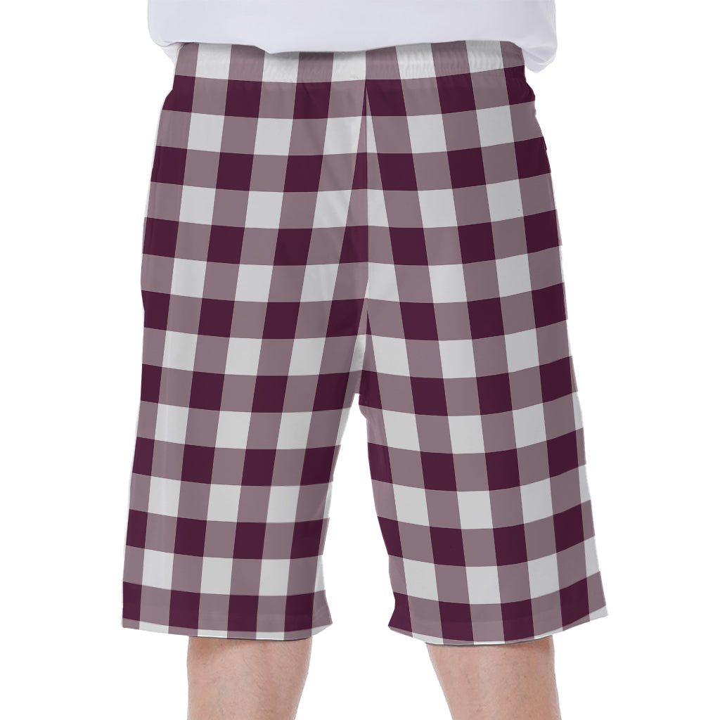 Burgundy And White Check Pattern Print Men's Beach Shorts