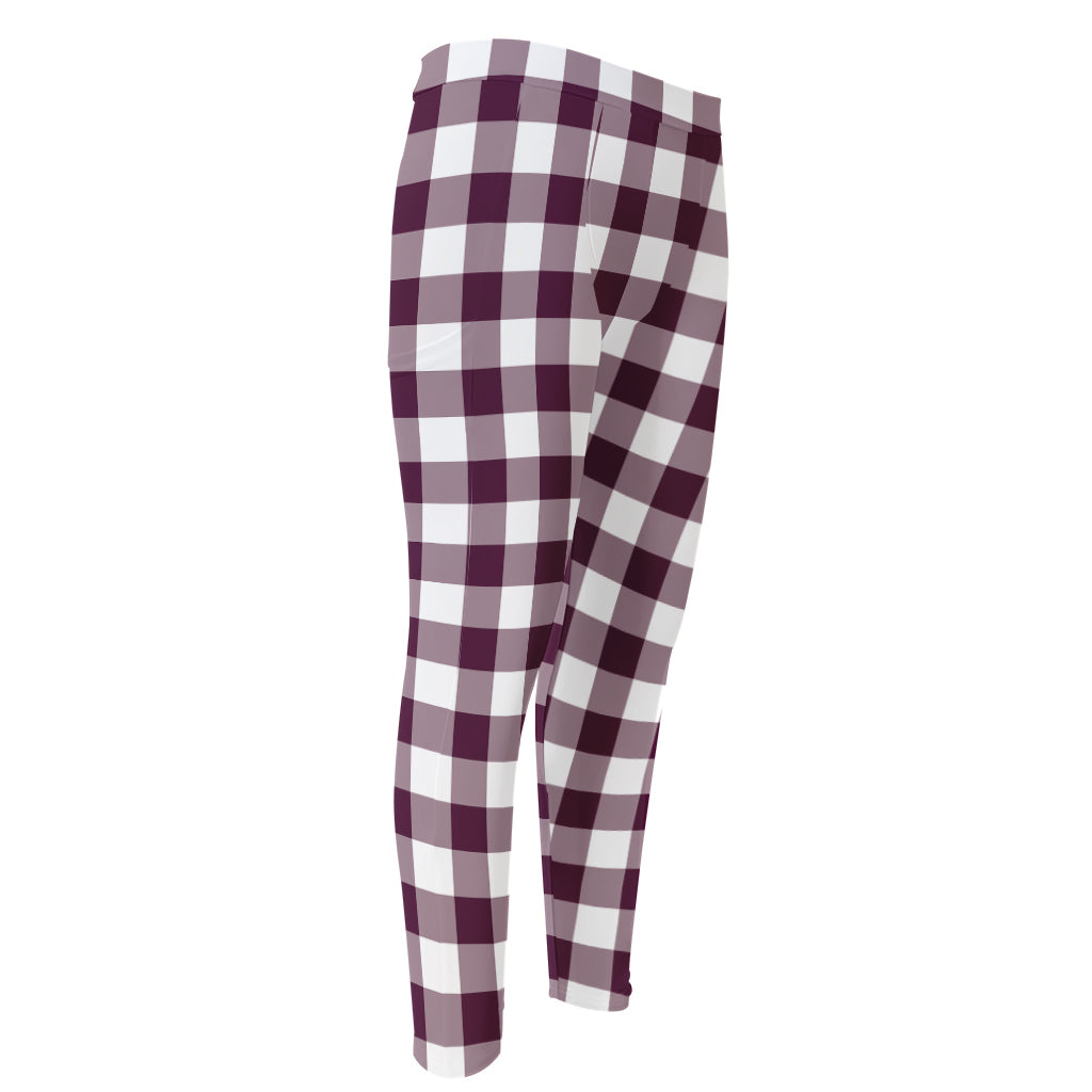 Burgundy And White Check Pattern Print Men's Compression Pants