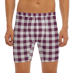 Burgundy And White Check Pattern Print Men's Long Boxer Briefs